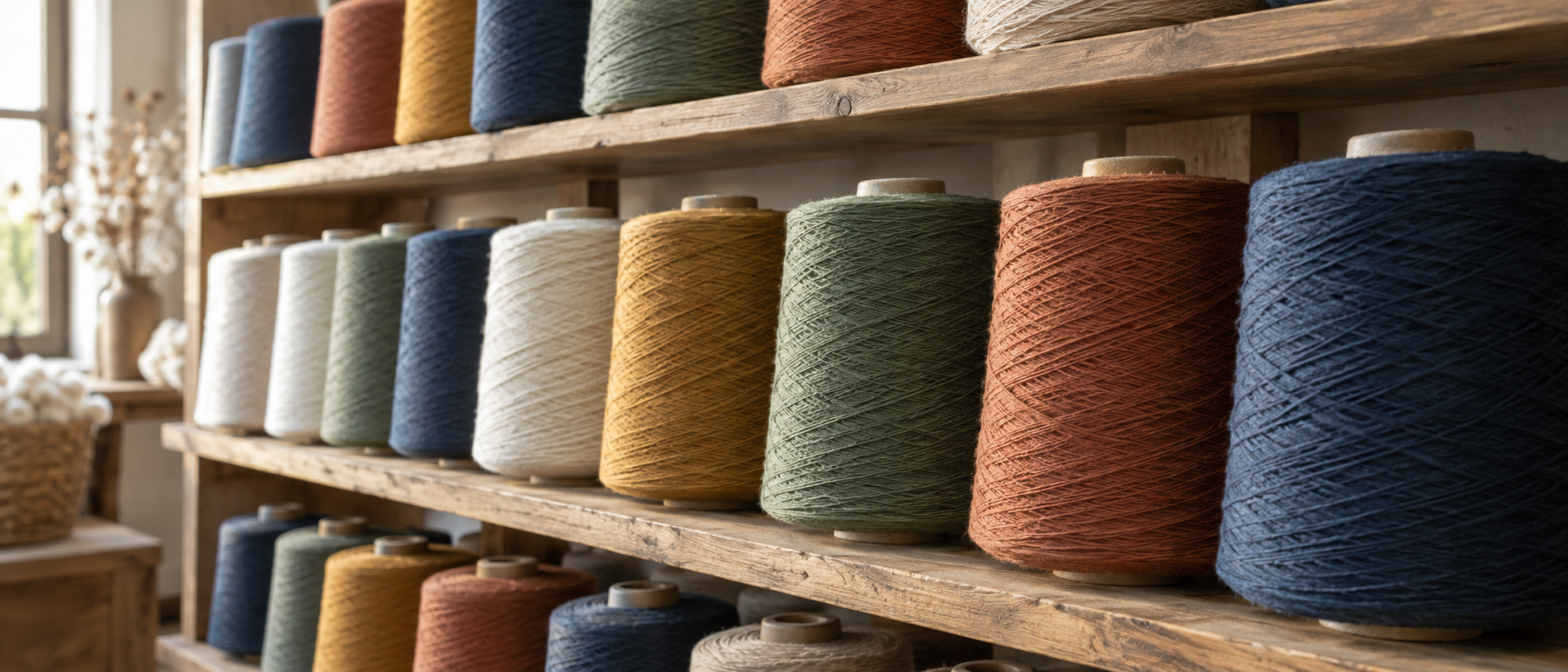 Cotton yarn cones in indigo, rust, sage, ochre and ivory on wooden shelves