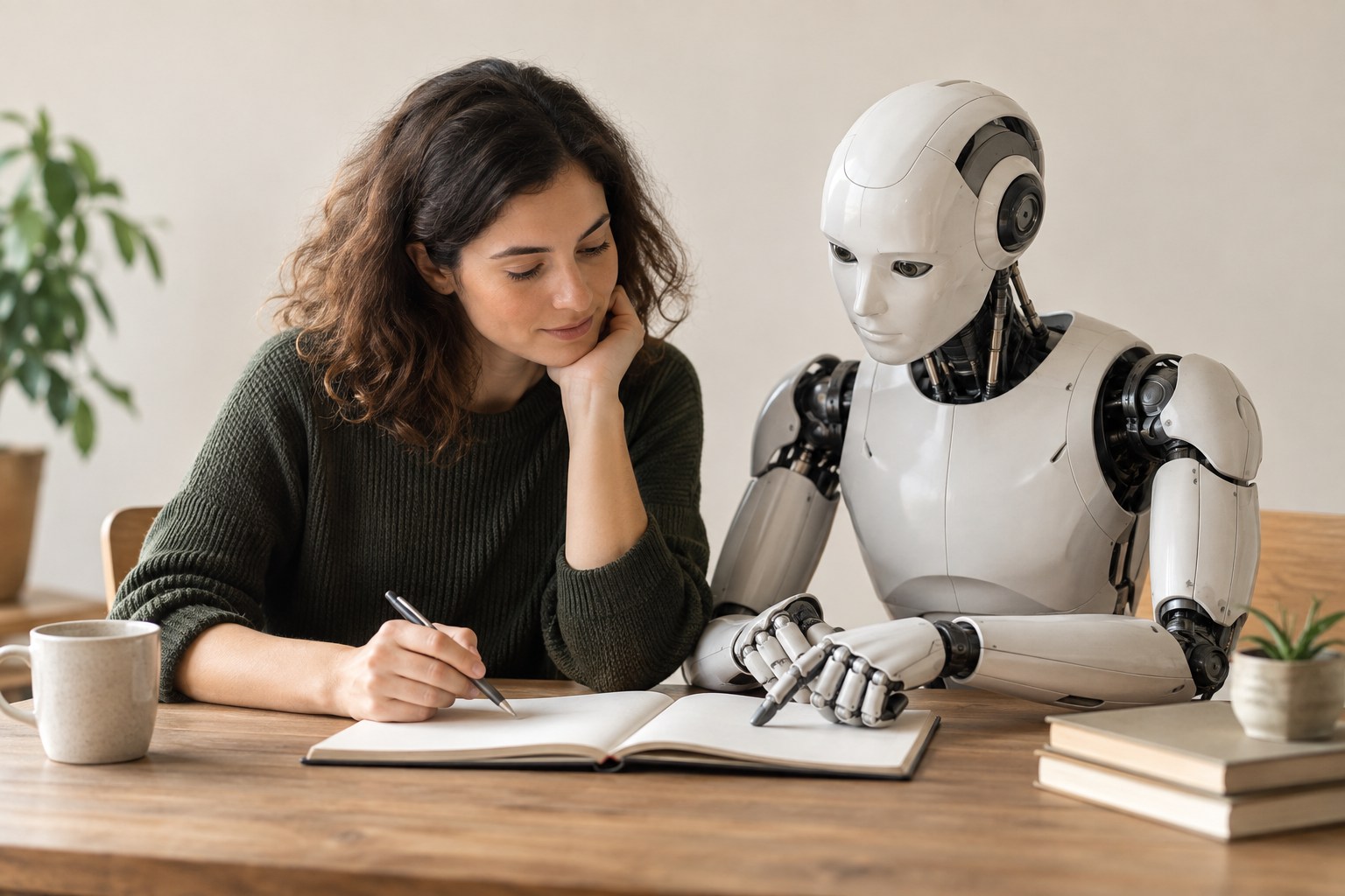 A person and a robotic companion studying together