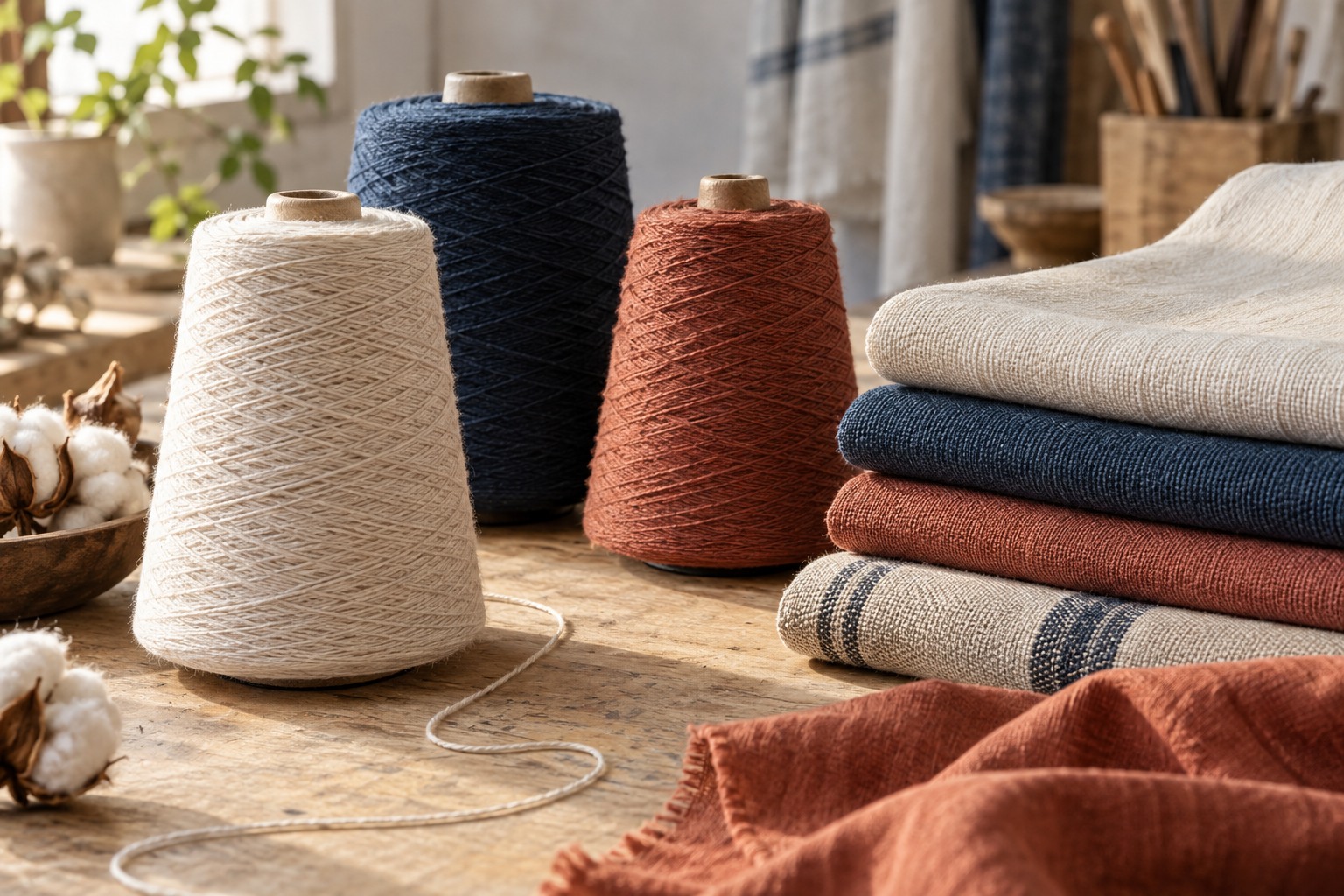 Cotton yarn and folded finished fabrics on a workshop table